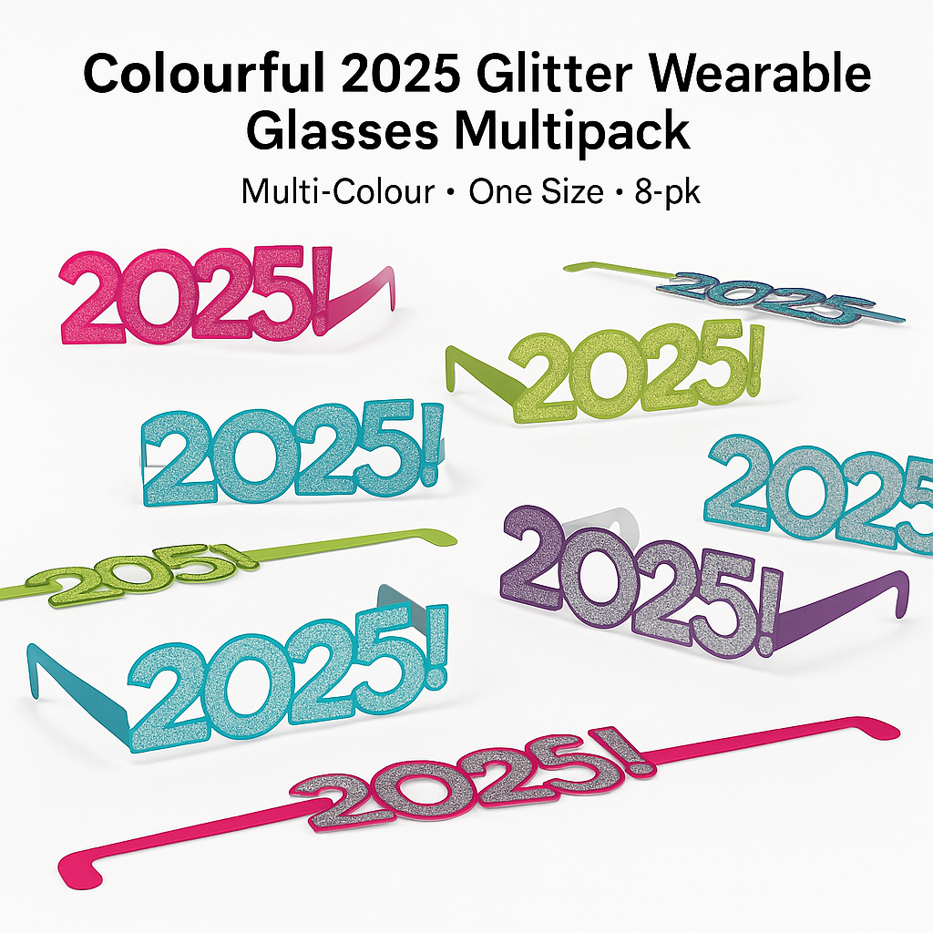 Glittery "2025" New Year's Eve Glasses Multipack - Multi-Color, 8-Pack