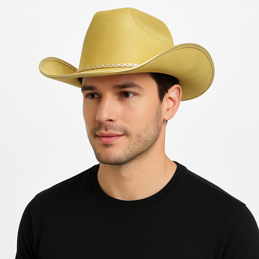 Gold Suede Cowboy Hat with Braided Cord ‚Äì Perfect for Team Spirit Events