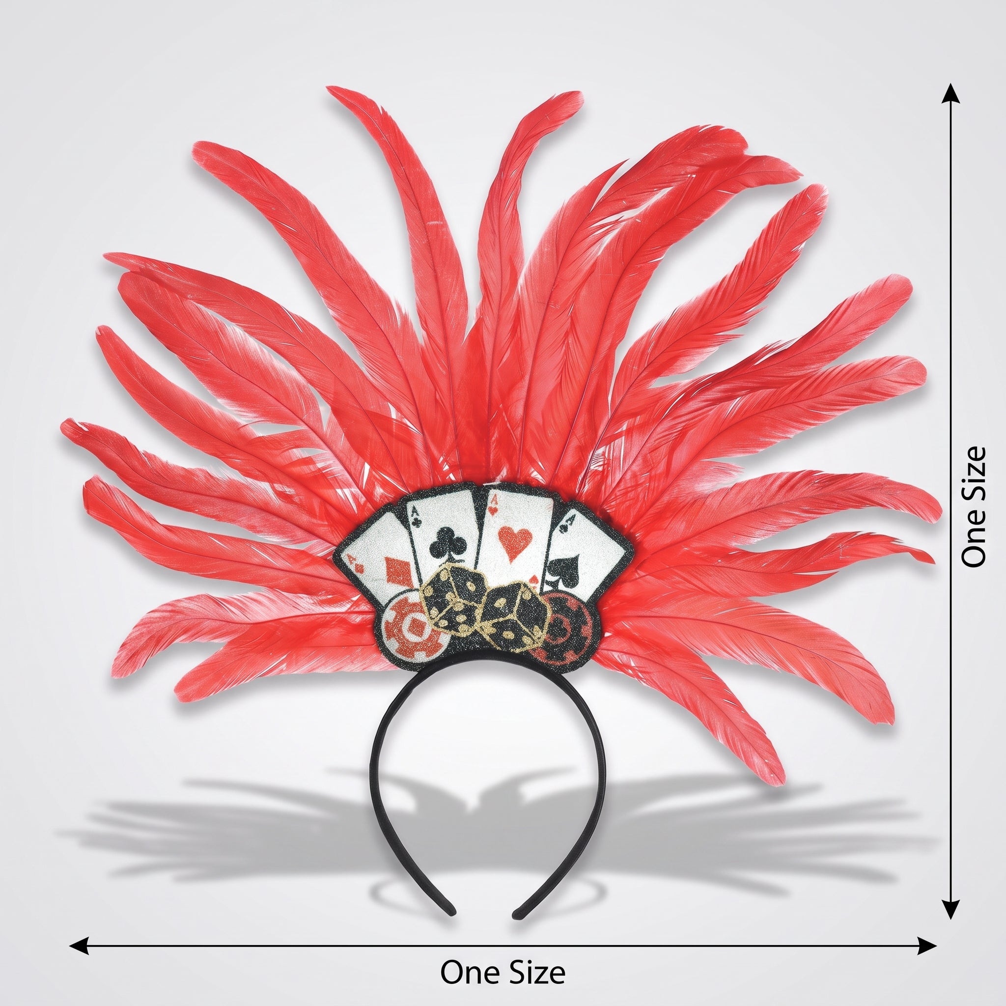 Deluxe Casino Feather Headband with Poker Chip and Card Design