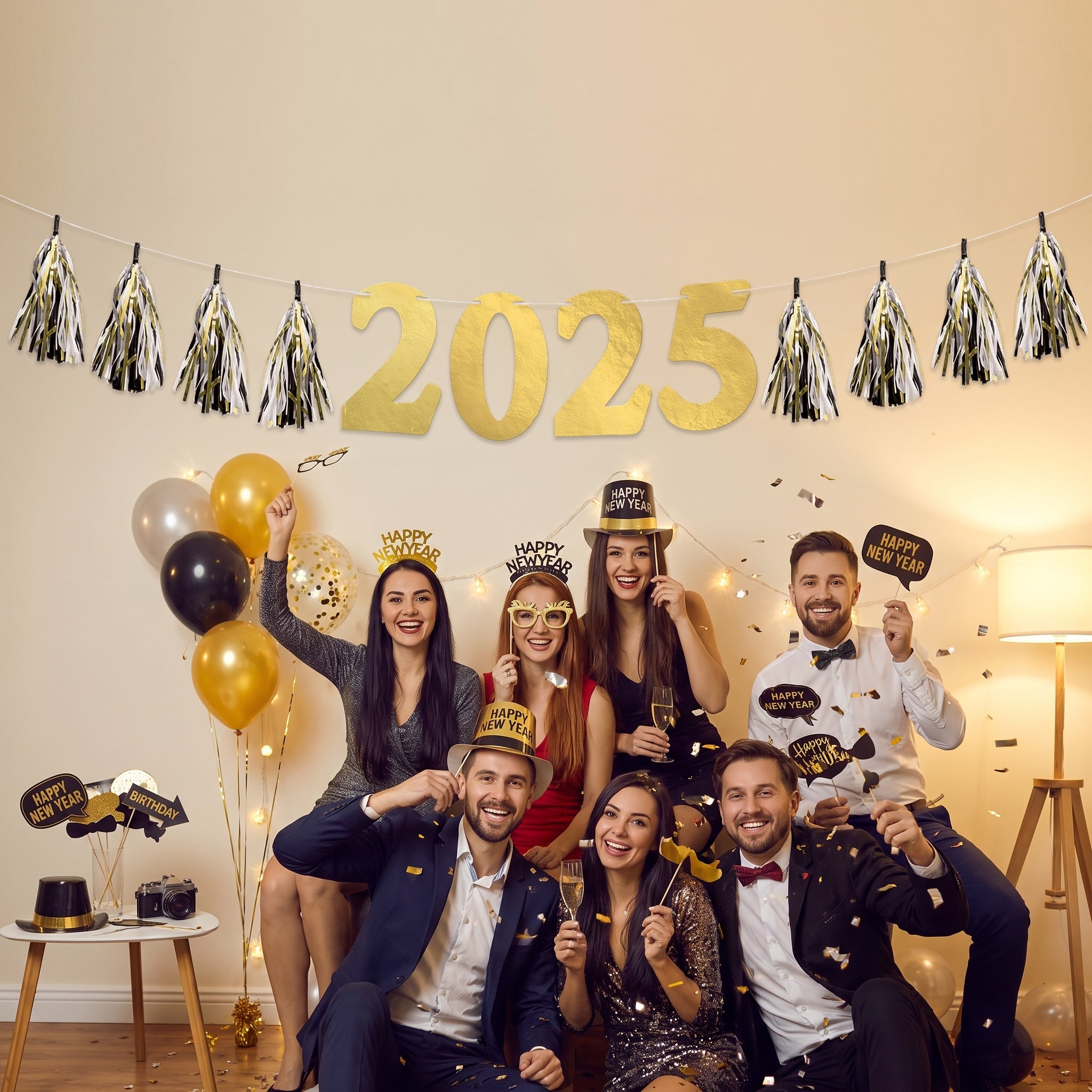 "2025" New Year's Tassel Garland Banner in Gold, Black, and Silver - 8 ft