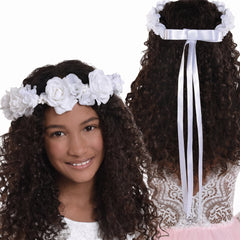 White Flower Girl Floral Wreath Headband with Ribbon