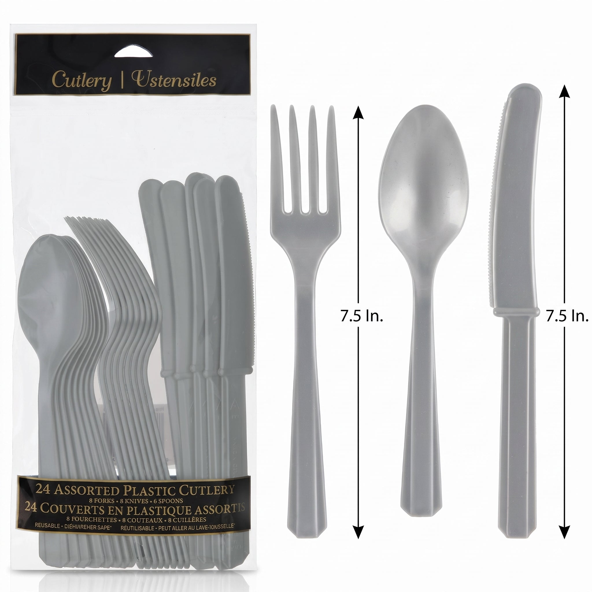 Silver Assorted Plastic Cutlery Set - 7.5 in. - 24 Pack