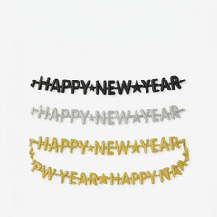 Festive "Happy New Year" Bead Necklaces - Black, Gold, Silver (3-Pack)
