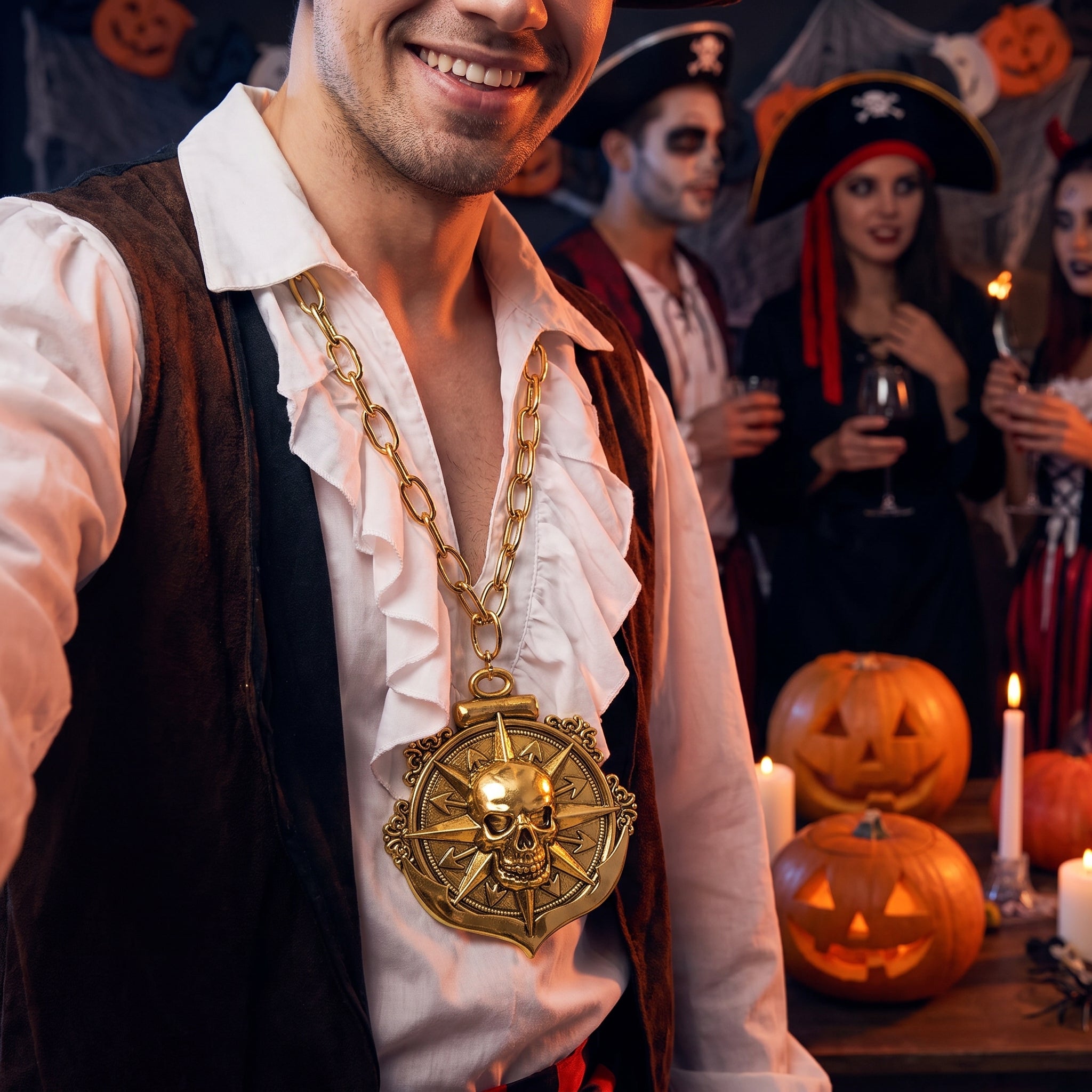 Pirate Compass Skull Medallion Necklace - 32" Gold Costume Accessory
