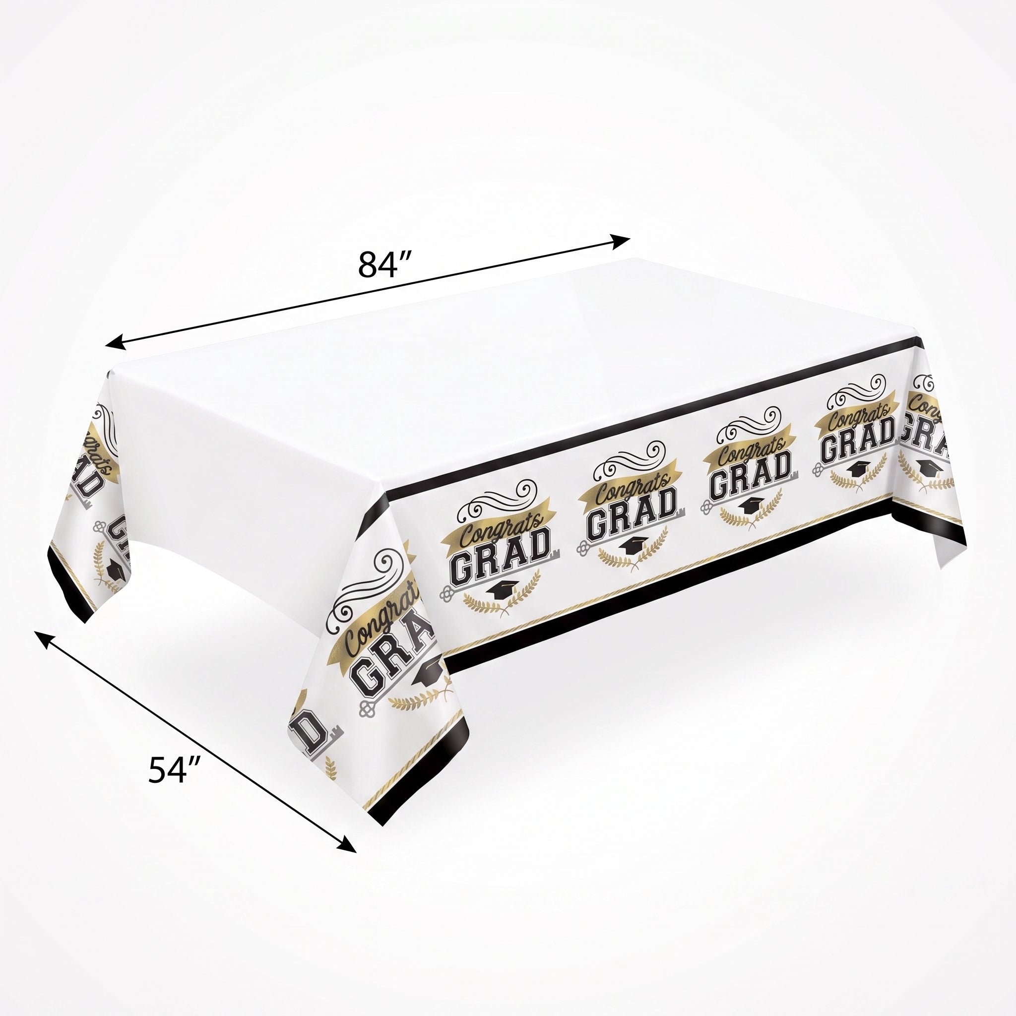 "Congrats Grad" Plastic Table Cover - Black & Gold 54x84 inch for Graduation