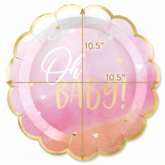 "Oh Baby!" Pink and Gold Scalloped Dinner Plates, 10.5-inch, 8 Pack