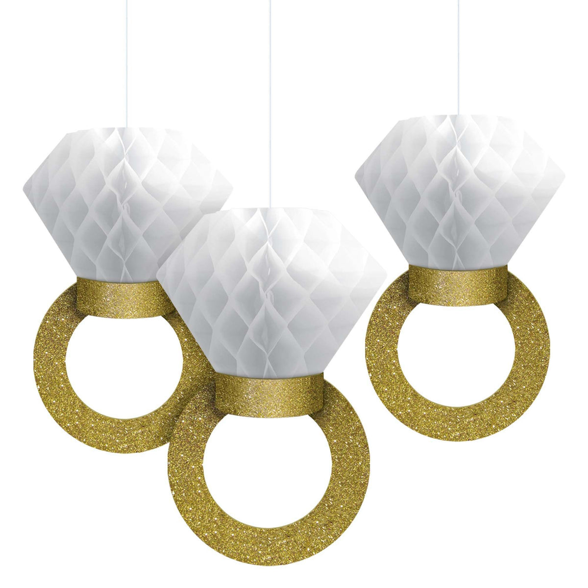 Glitter Gold Diamond Ring Hanging Decorations, 12-Inch, 3-Pack