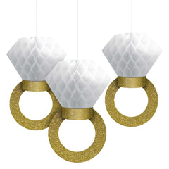 Glitter Gold Diamond Ring Hanging Decorations, 12-Inch, 3-Pack