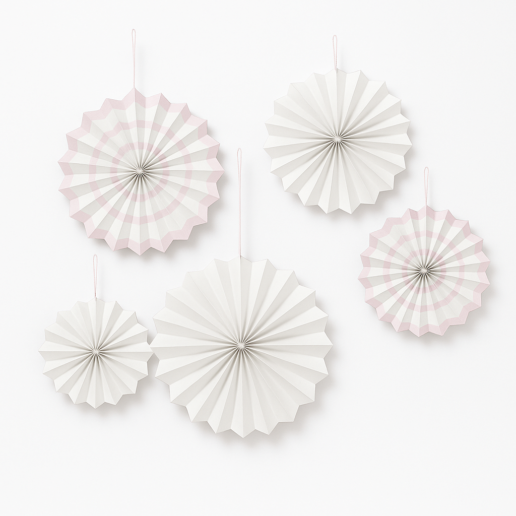 White Paper Fan Decorations, 7-Inch, 5-Pack for Any Occasion