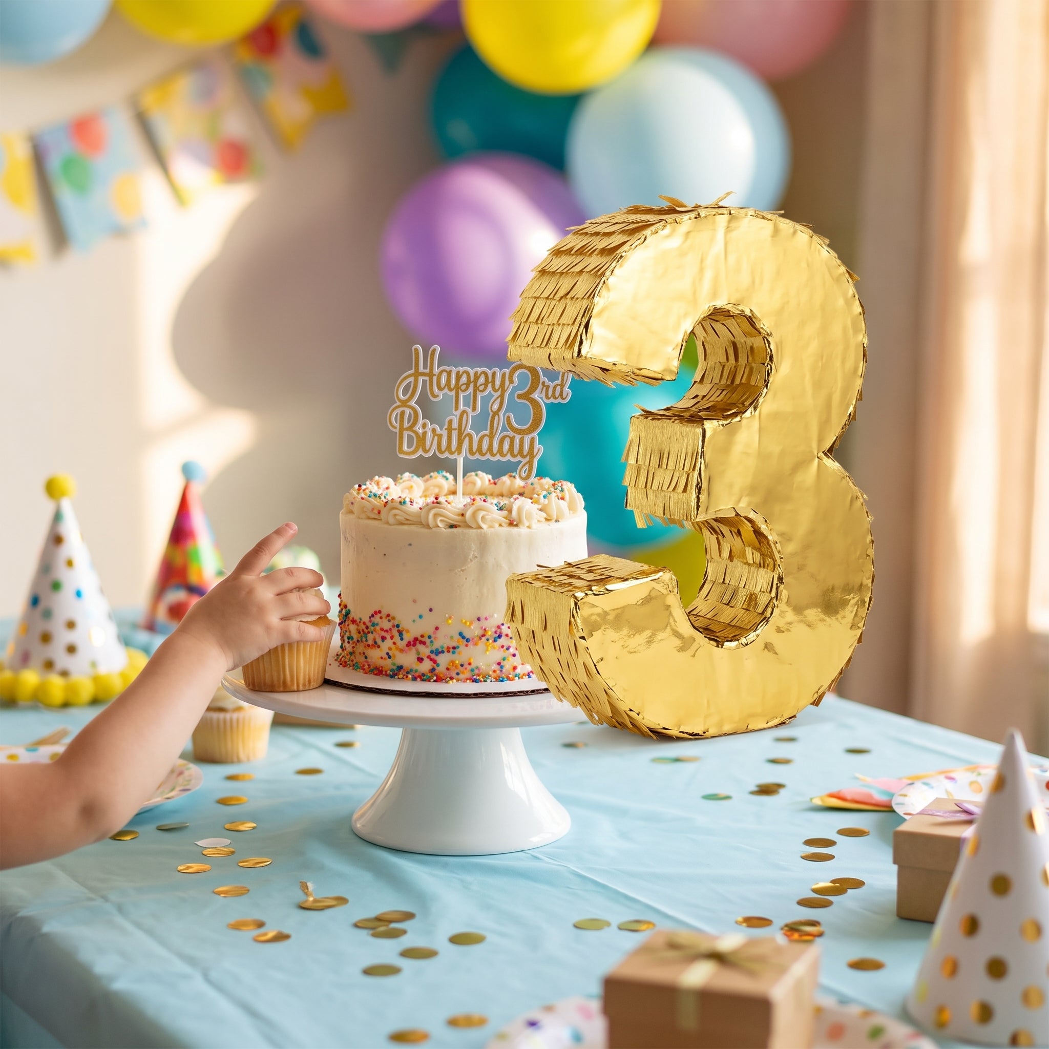 Metallic Gold Number 3 Mini Piñata Decoration, 6-Inch