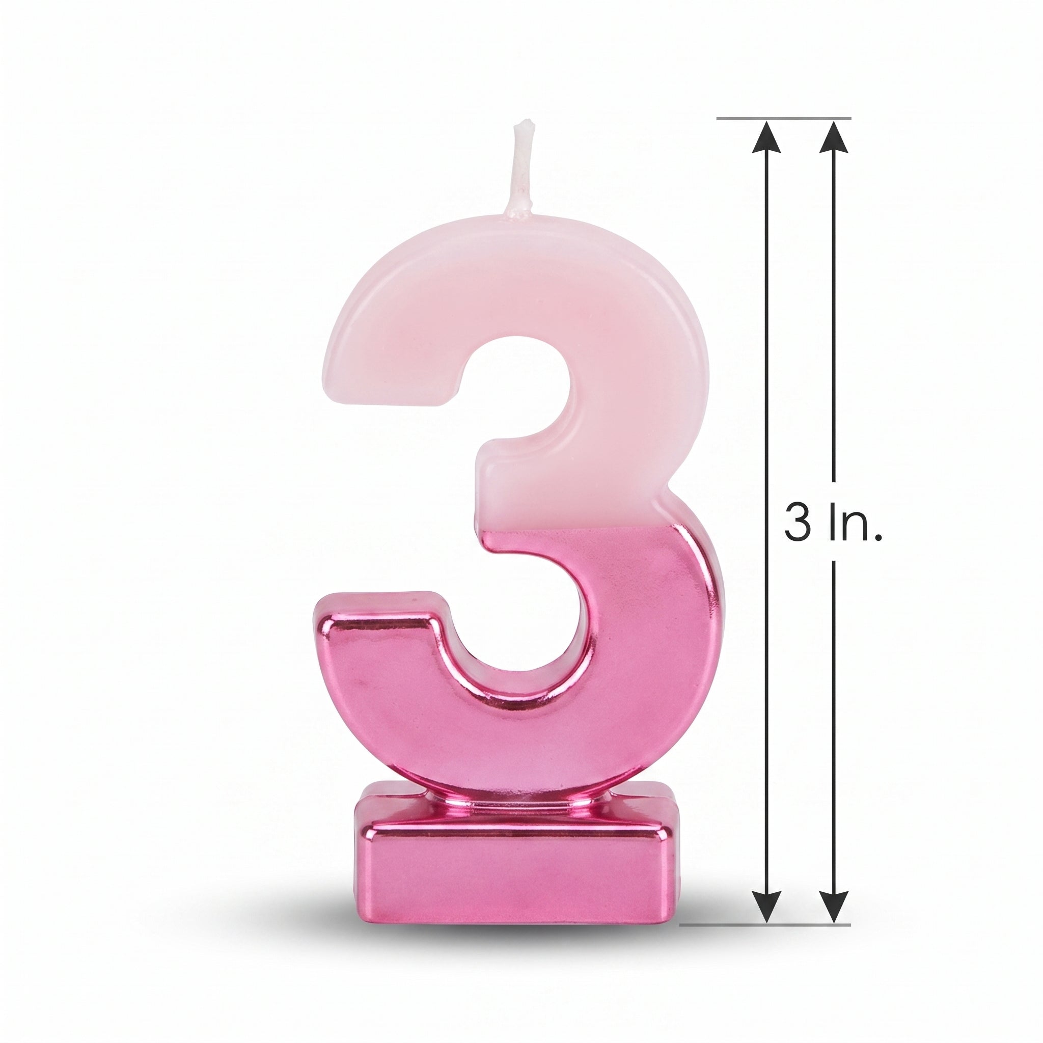 Bright Pink Metallic Dipped Number 3 Birthday Candle