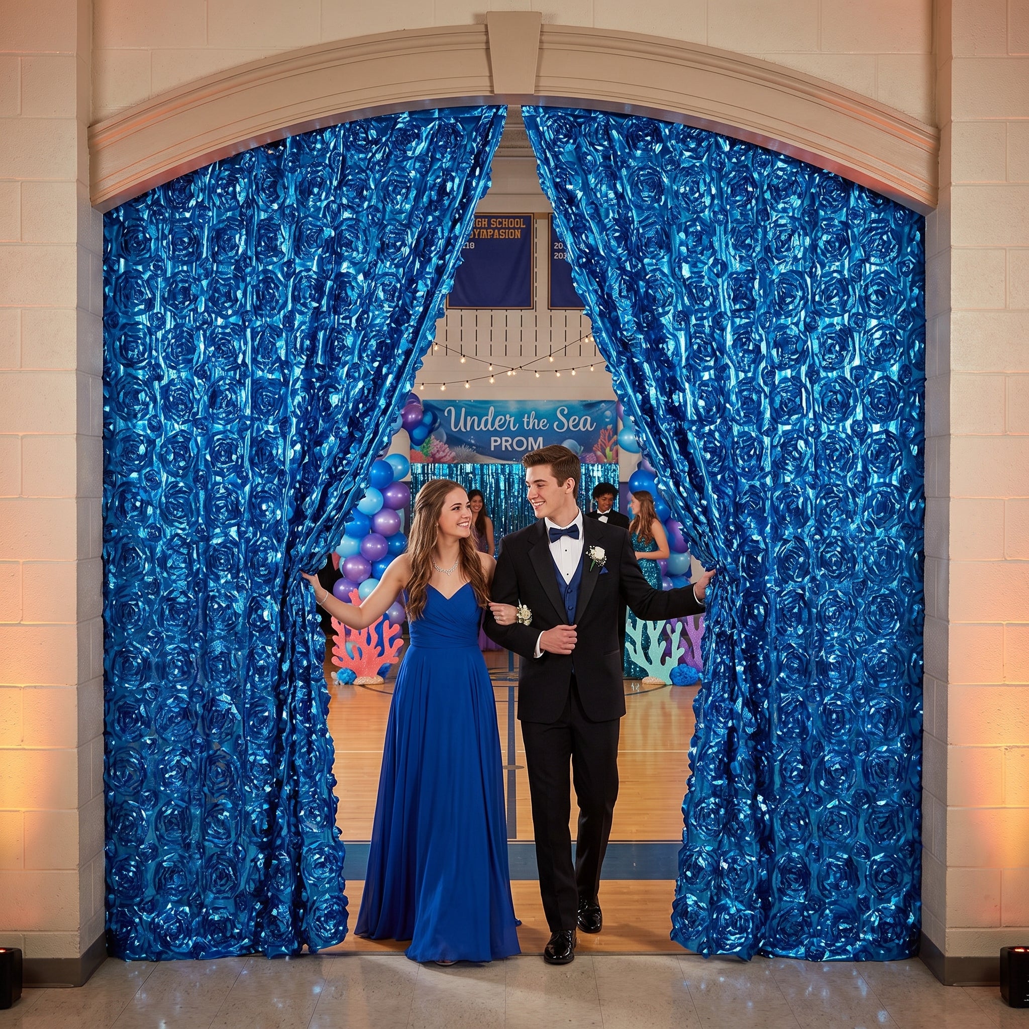 Metallic Blue Floral Vinyl Curtain - 15FT