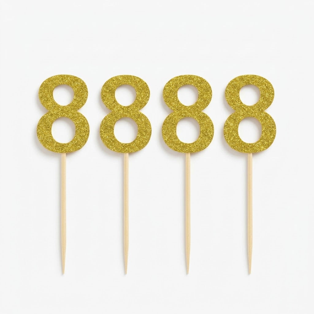 Glitter Gold Number 8 Cake Picks, 7-Inch, 4-Pack