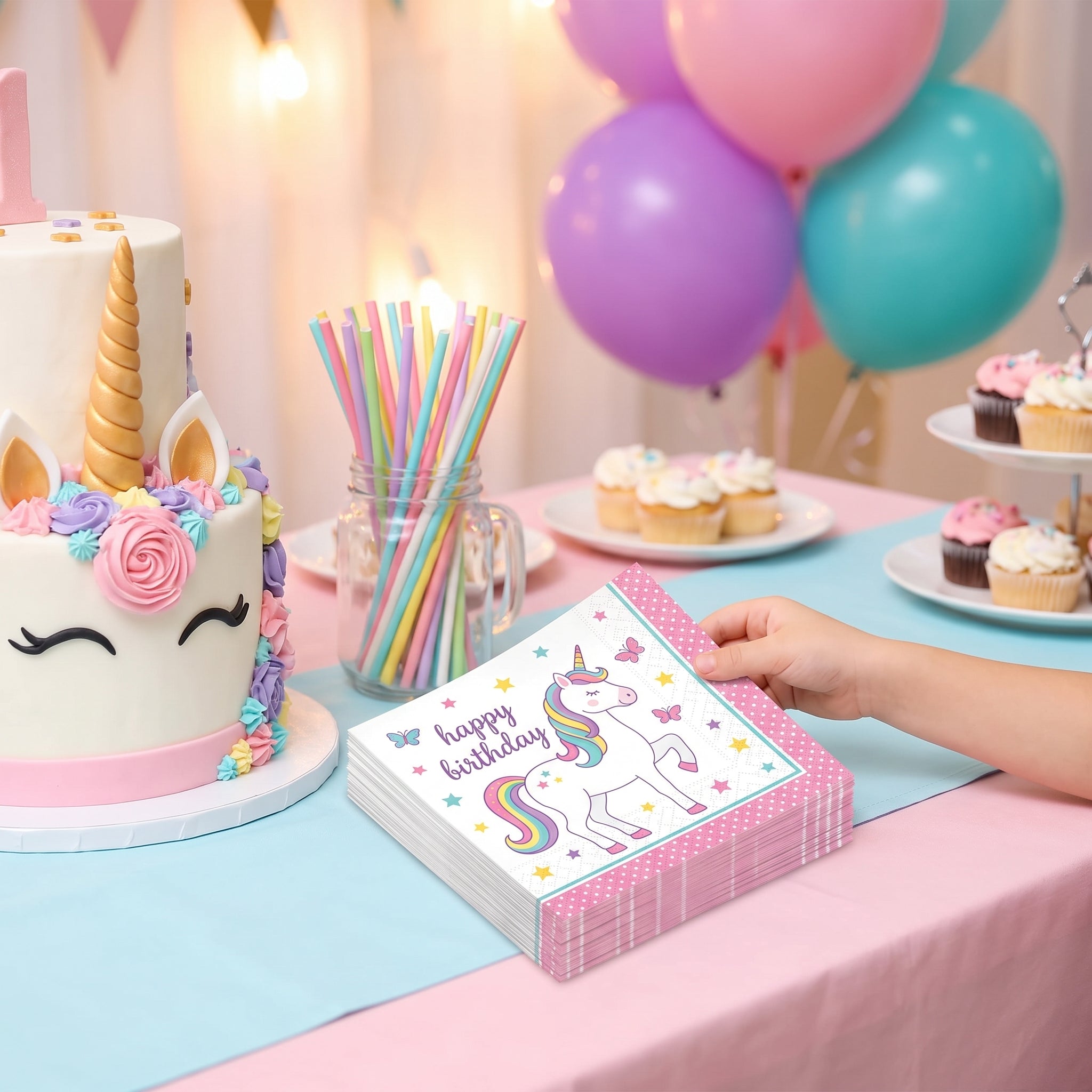 Enchanting Unicorn Birthday Beverage Napkins - 5 In. X 5 In.