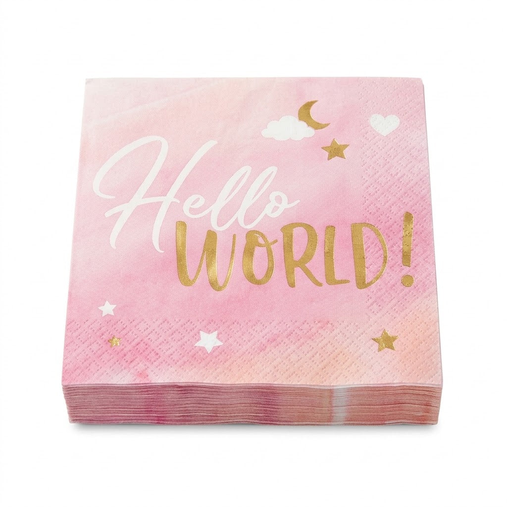"Hello World" Pink and Gold Lunch Napkins - 6.5 In. x 6.5 In. - 16 Pack