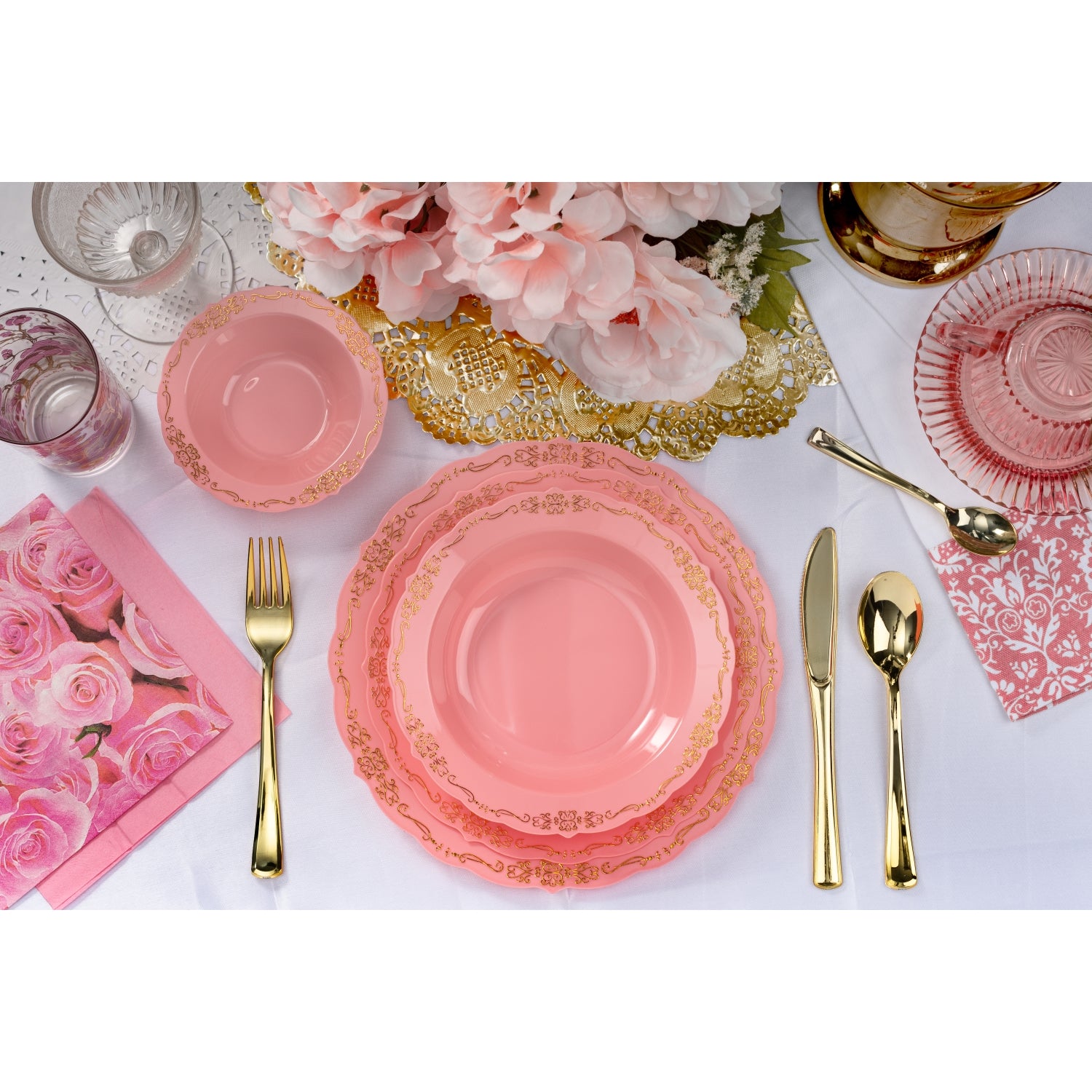 10 In. Pink/Gold Victorian Design Plates | 20 Count