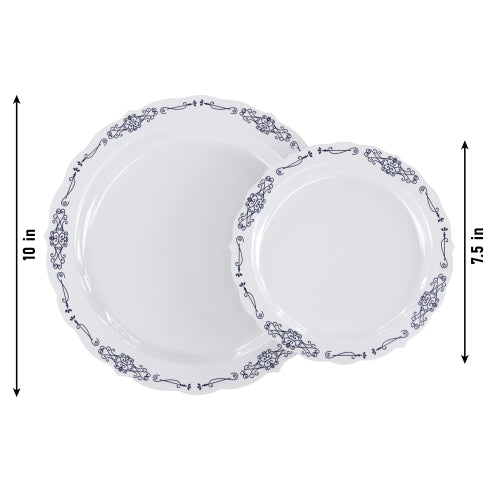 White/Navy Victorian Design Plates | Combo Pack 40/40