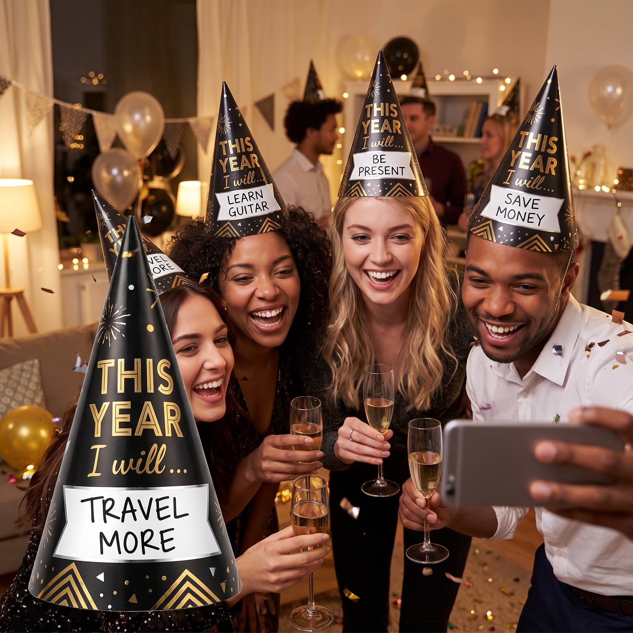 New Year's Resolution Fill-In Cone Party Hats, 8-Pack