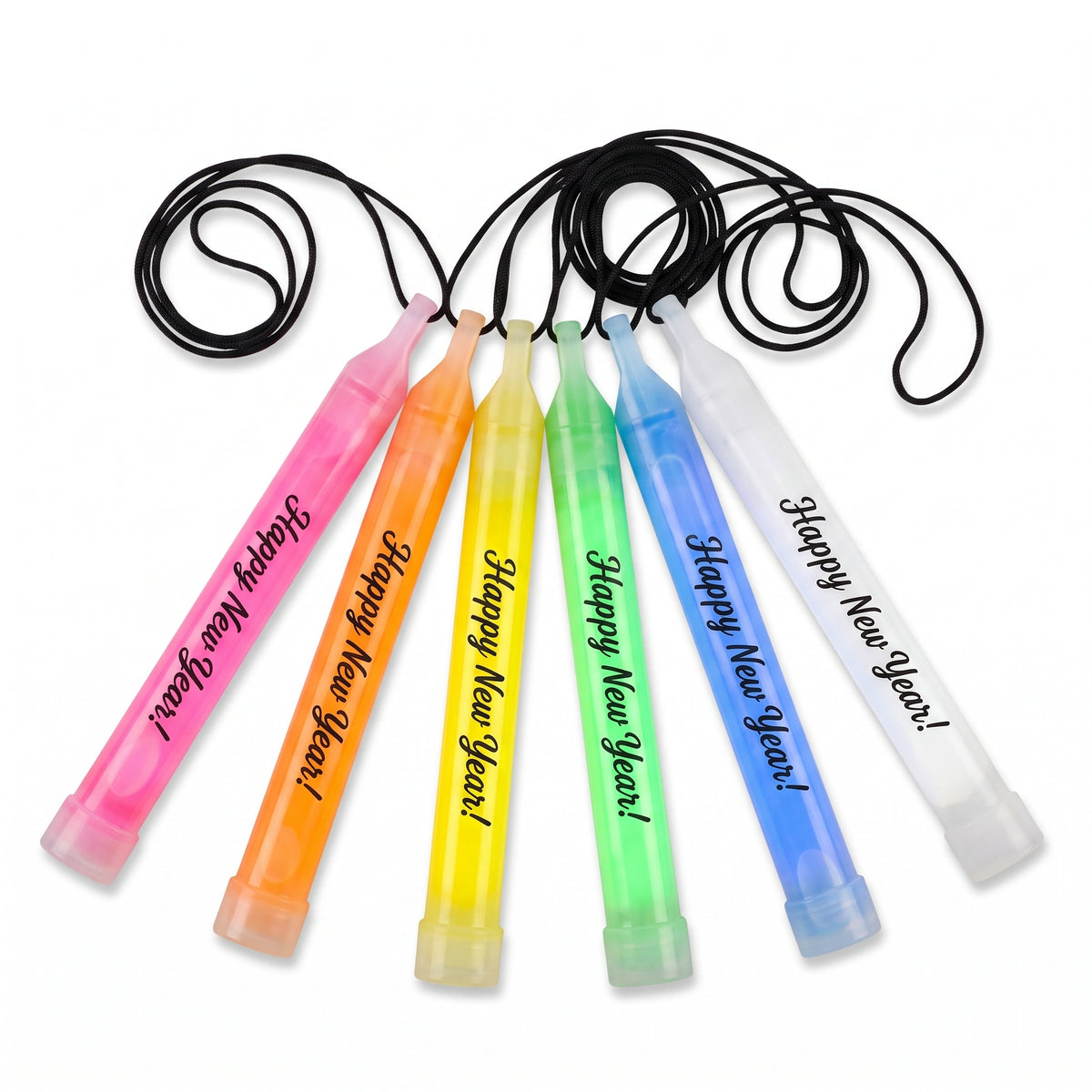 "Happy New Year" Multi-Colored Glow Stick Whistle Necklaces - 6 Pack