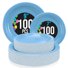 9 & 7 Inch. Light Blue Paper Plates Combo - 200 Pack (100 of each)