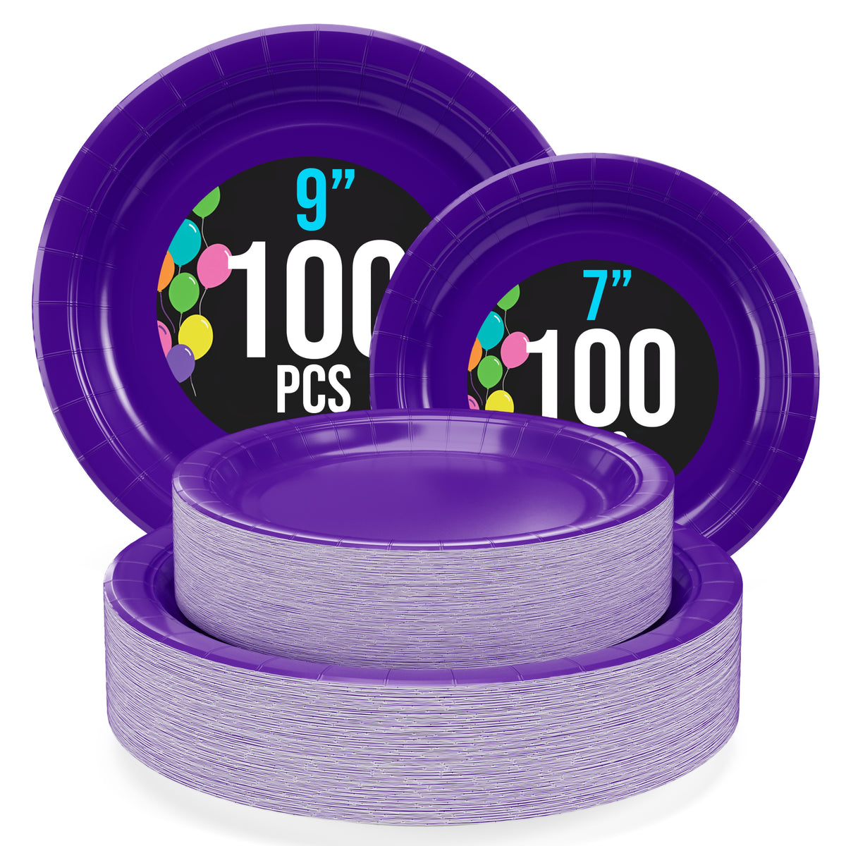 9 & 7 Inch. Purple Paper Plates Combo - 200 Pack (100 of each)