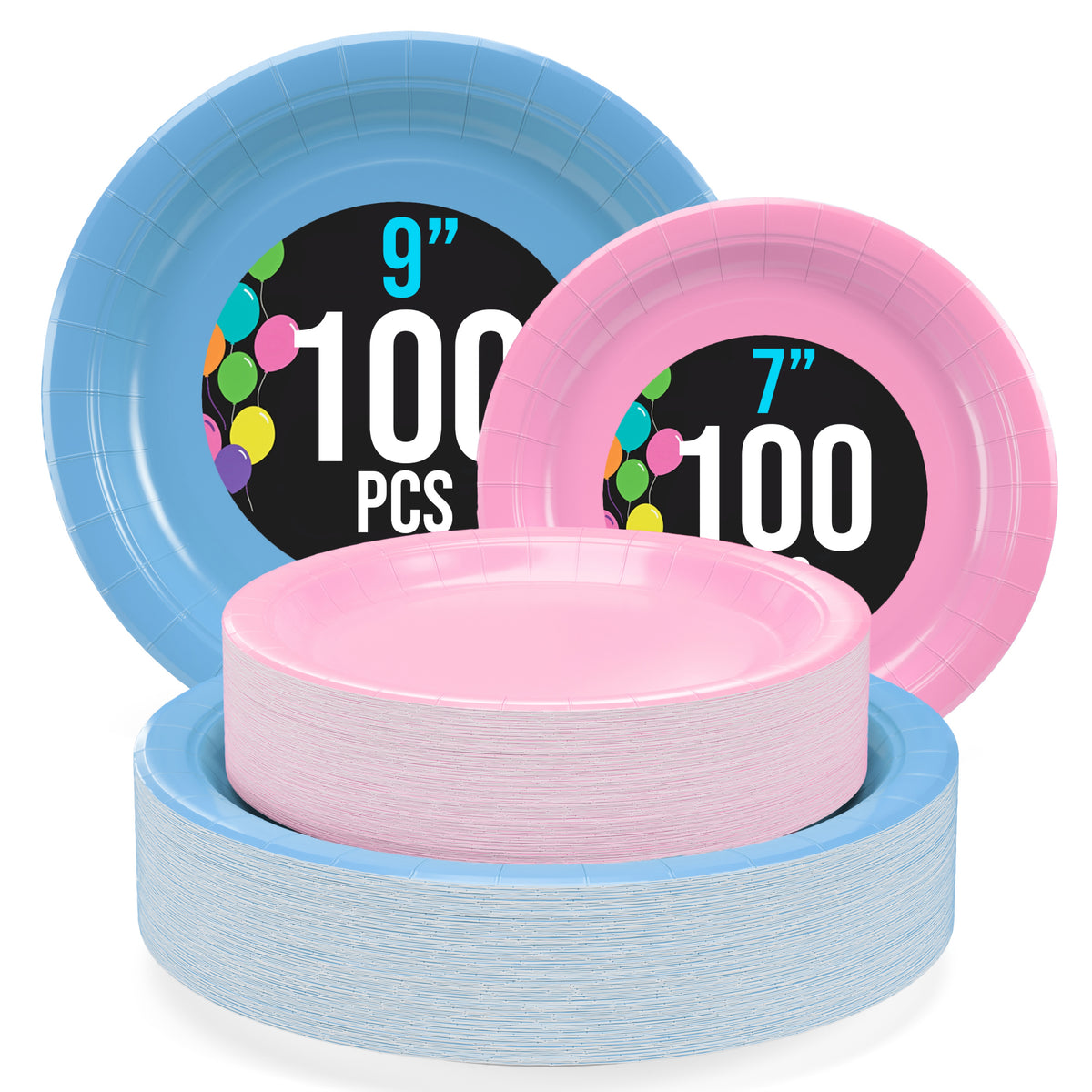 9 & 7 Inch.  Light Blue and Pink Paper Plates Combo - 200 Pack (100 of each)