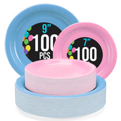 9 & 7 Inch.  Light Blue and Pink Paper Plates Combo - 200 Pack (100 of each)