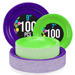 9 & 7 Inch.  Purple and Lime Paper Plates Combo - 200 Pack (100 of each)