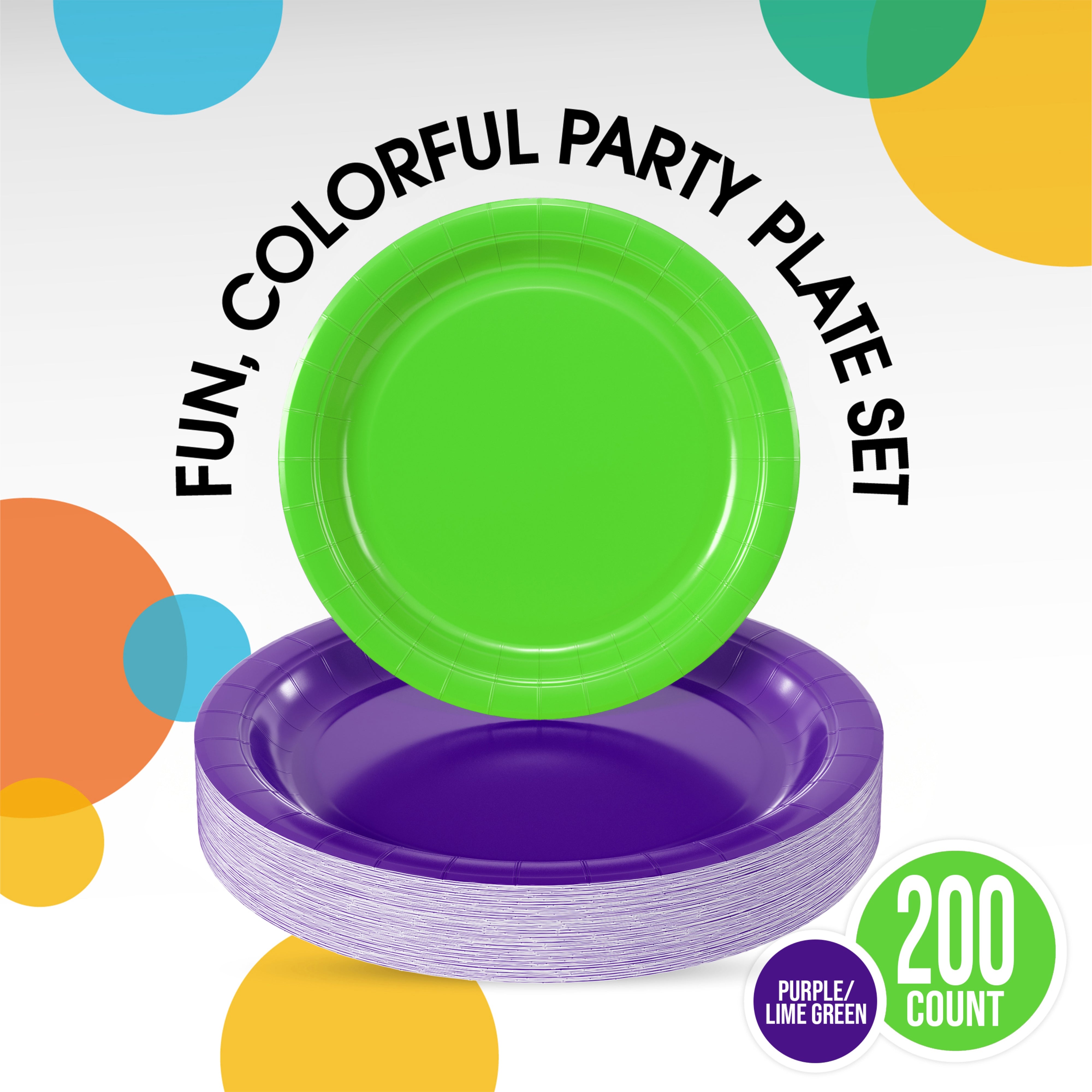 9 & 7 Inch.  Purple and Lime Paper Plates Combo - 200 Pack (100 of each)