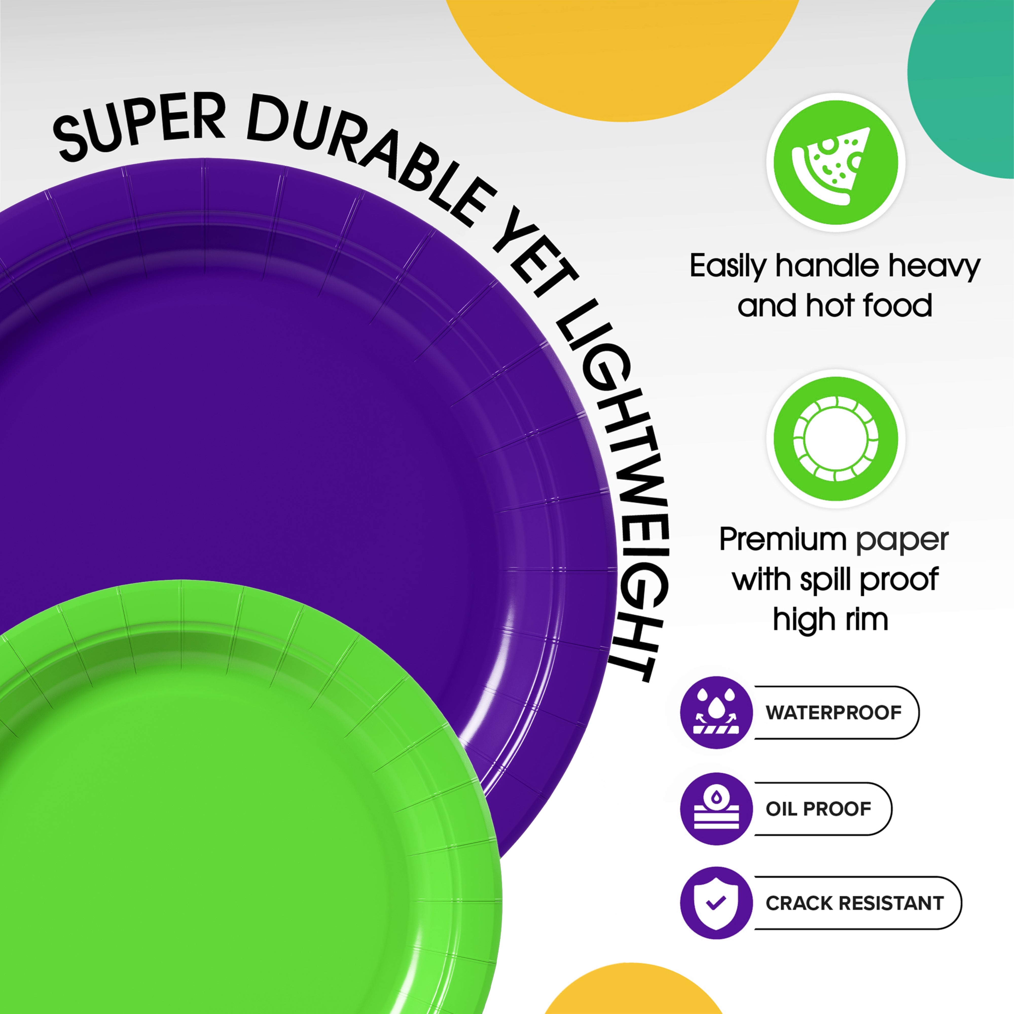 9 & 7 Inch.  Purple and Lime Paper Plates Combo - 200 Pack (100 of each)