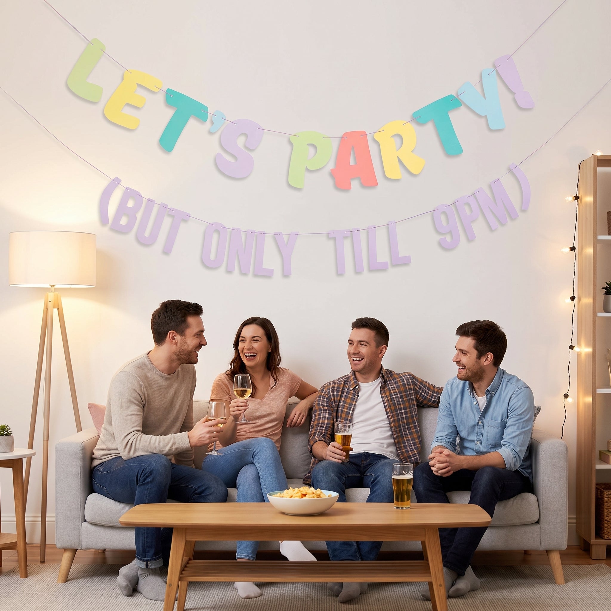 Bright Pastel Multi-Colour "Let's Party! But Only Till 9PM" Letter Banner