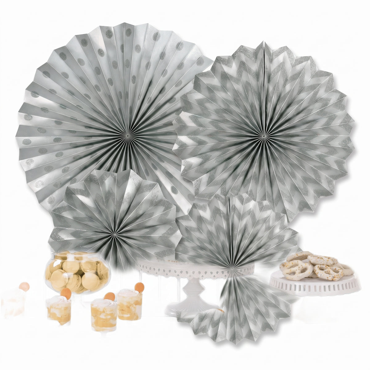Silver Glitter Paper Fan Decorations - Set of 4