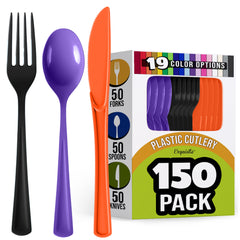 150 Pc. Halloween Plastic Cutlery Combo Set | Orange & Black