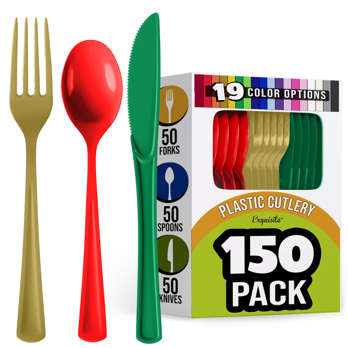 150 Pc. Christmas Plastic Cutlery Combo Set | Red & Green