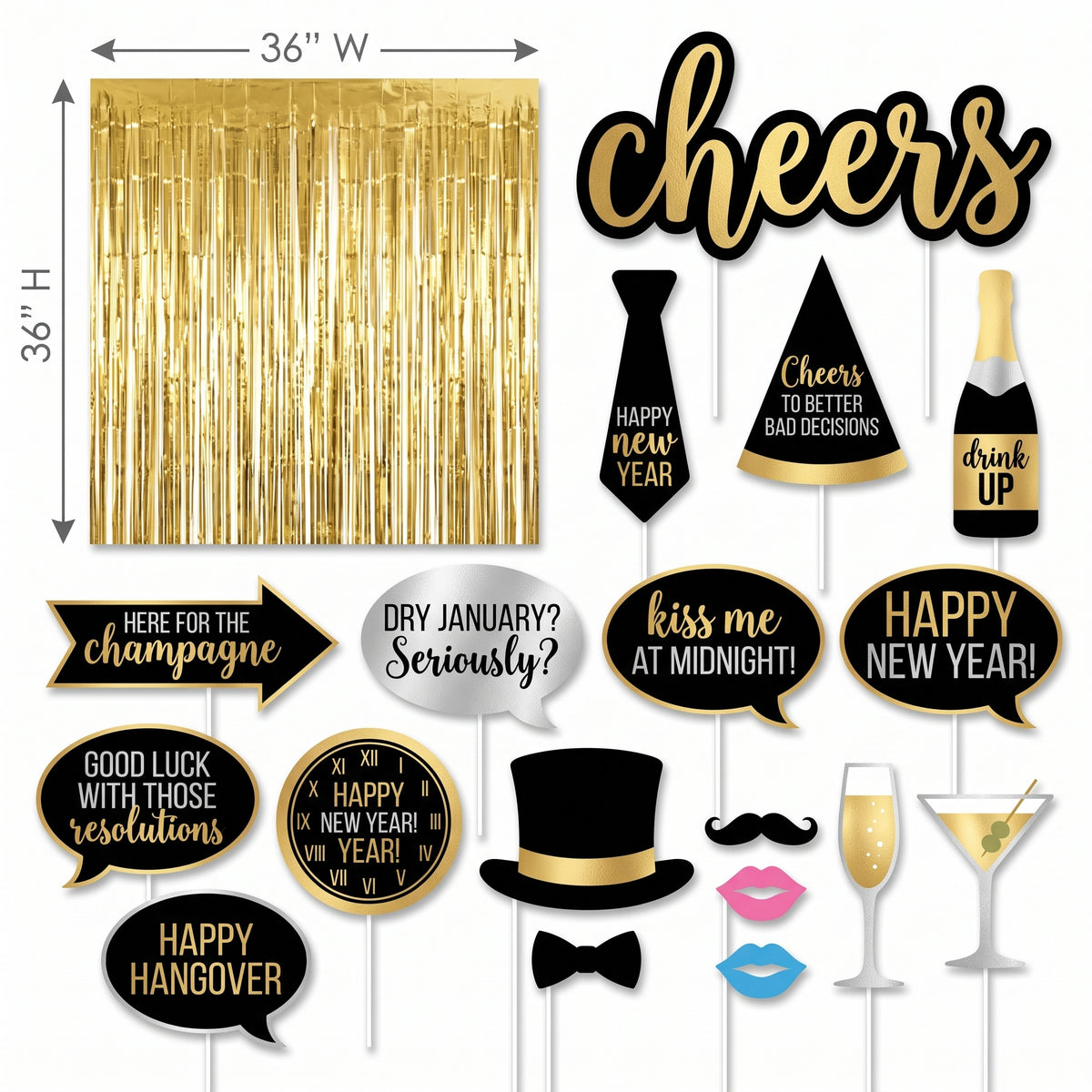 New Year's Eve Gold Foil Photo Prop Kit, 21-Piece Set