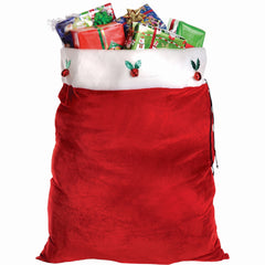 Plush Velour Santa Gift Bag with Holly and Berries