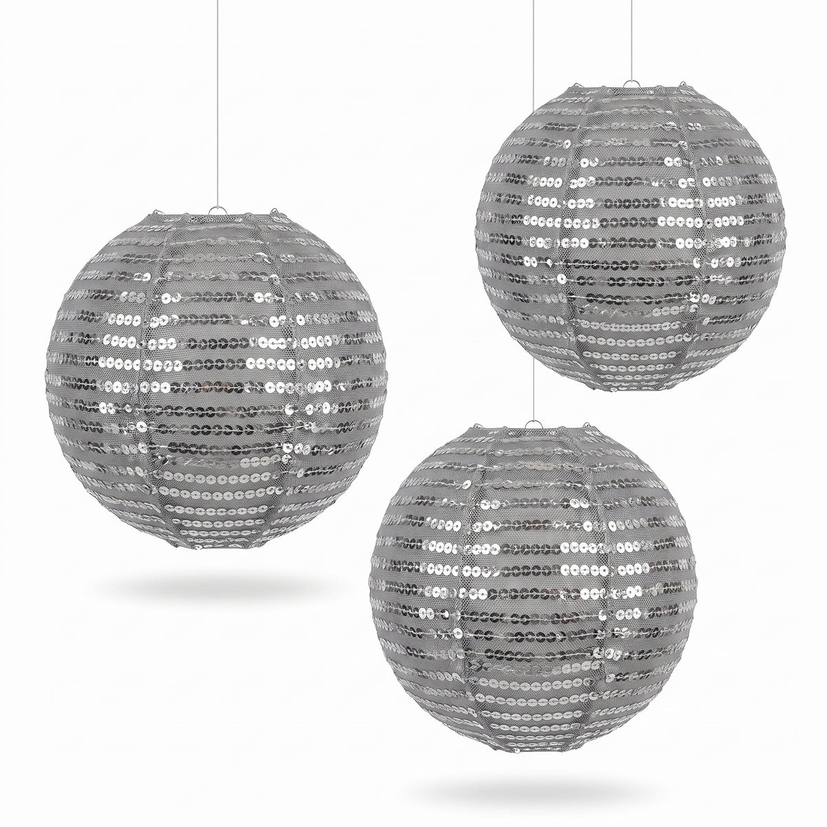 Silver Sequin Fabric Lanterns - 9.5-Inch, Set of 3