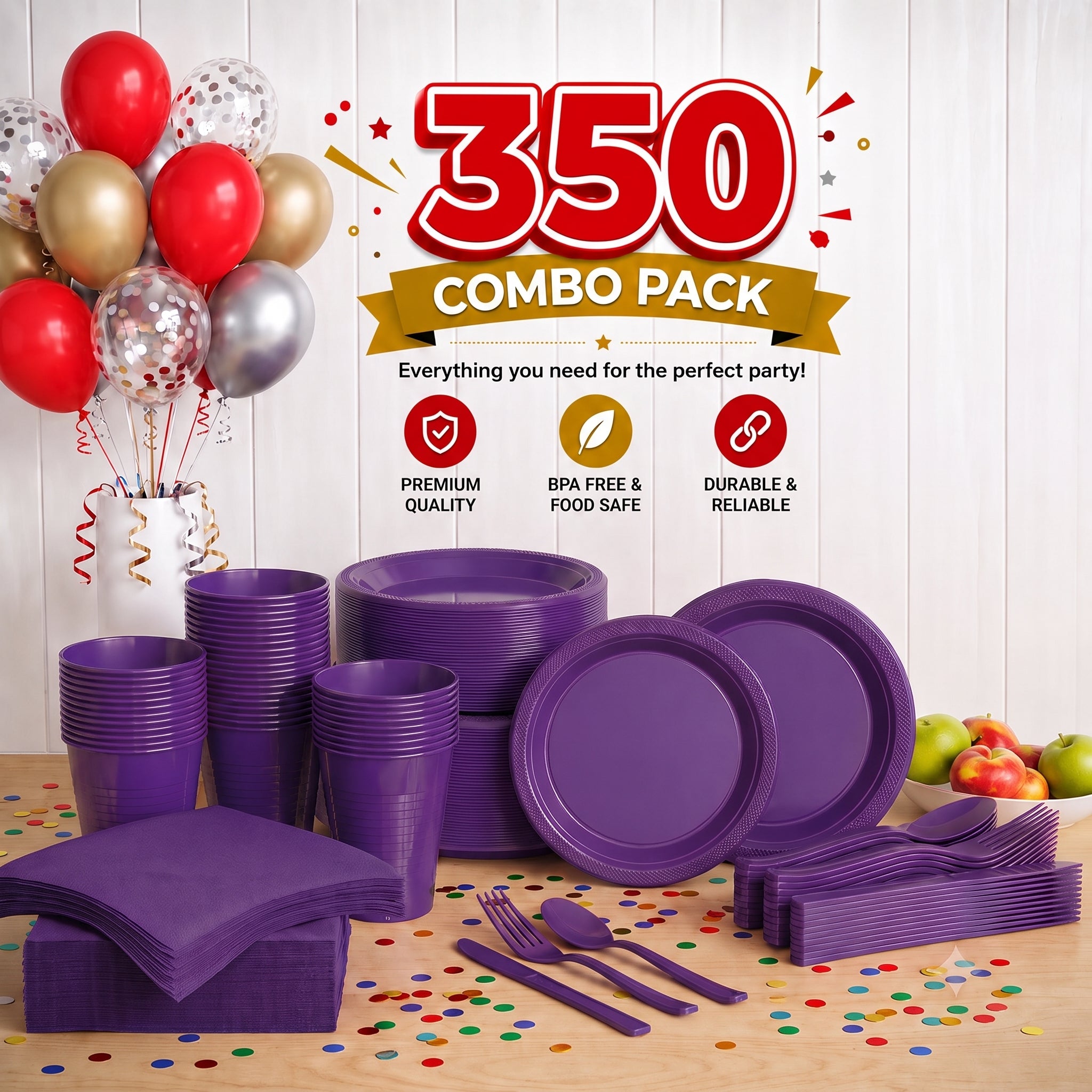 350 Pcs Purple Plastic Disposable Tableware Set