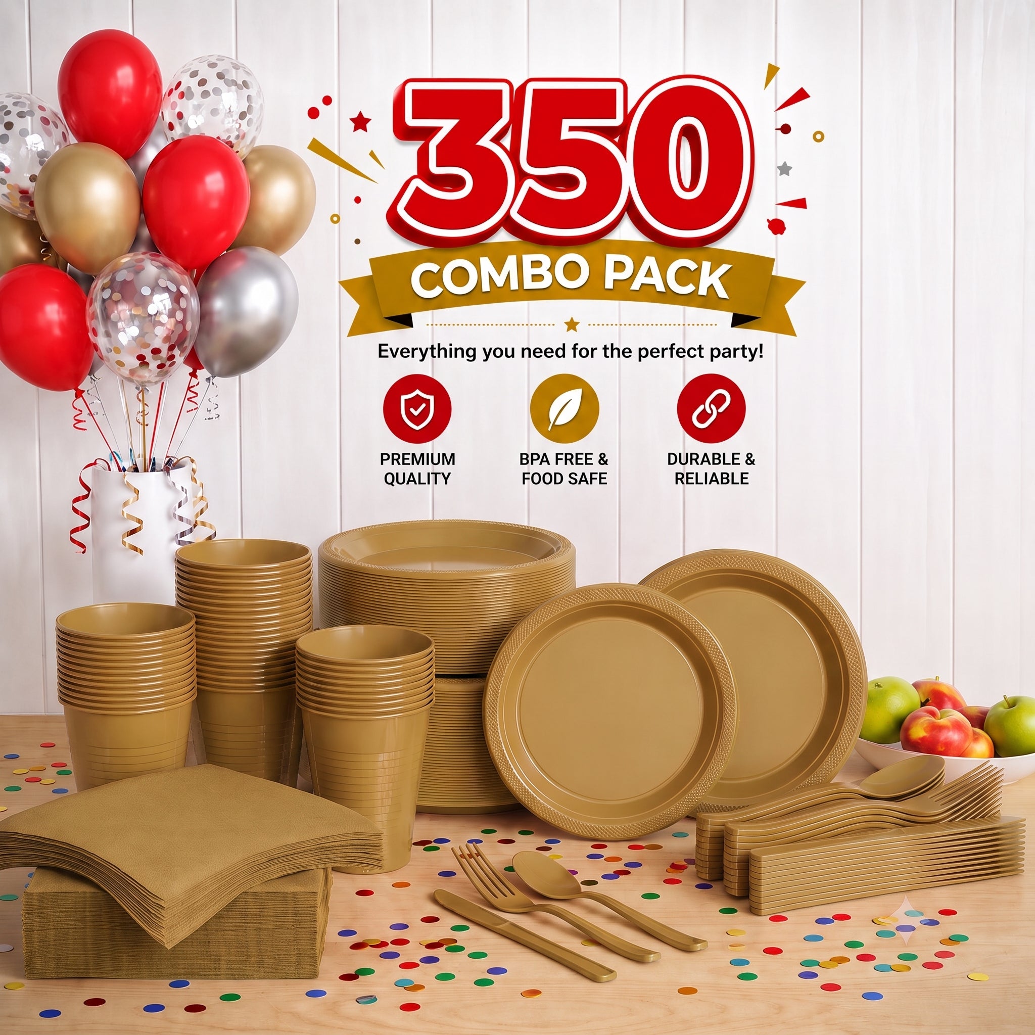 350 Pcs Gold Plastic Disposable Tableware Set