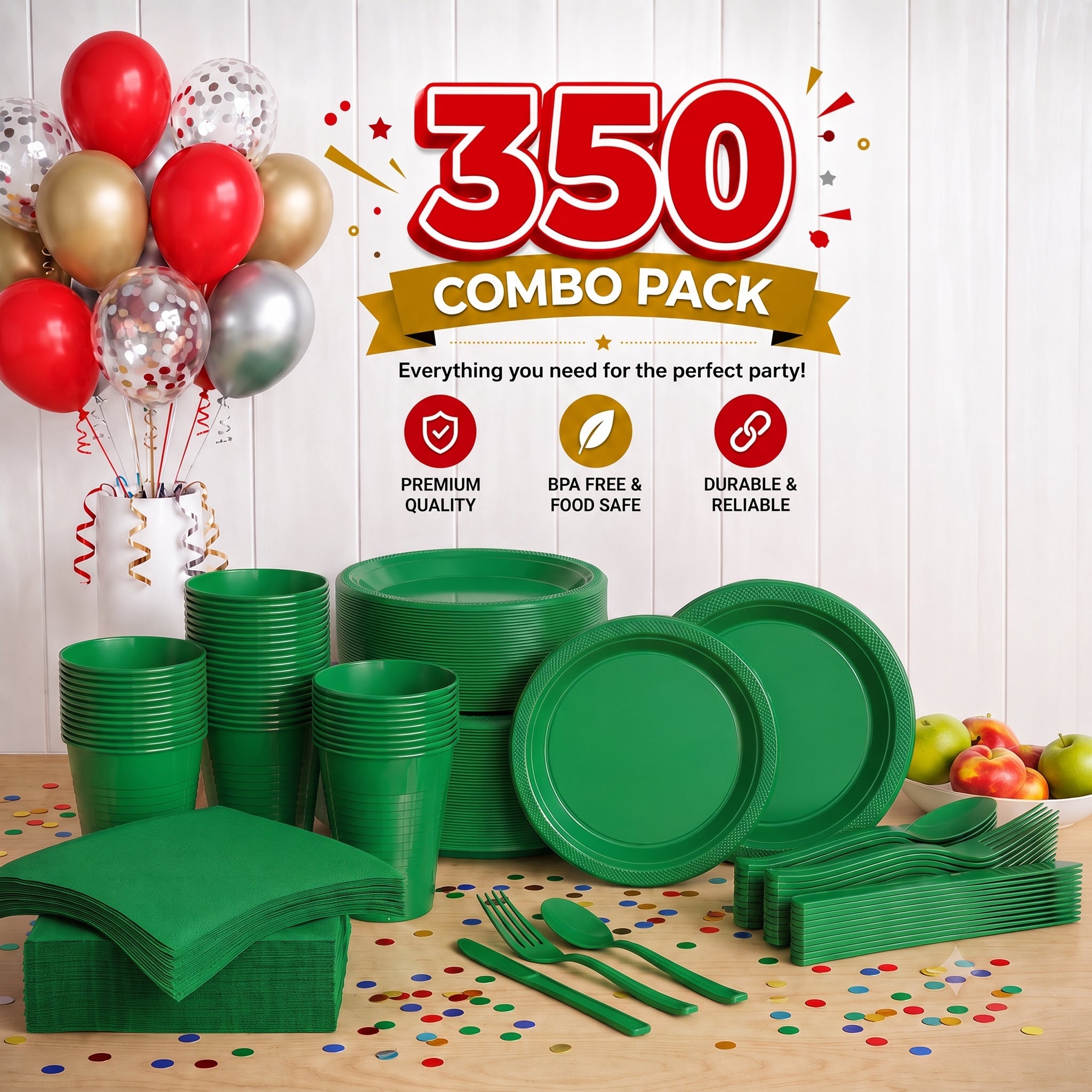 350 Pcs Emerald Green Plastic Disposable Tableware Set
