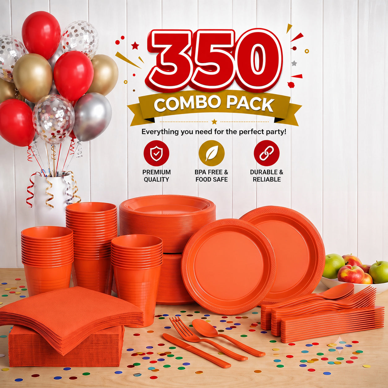 350 Pcs Orange Plastic Disposable Tableware Set
