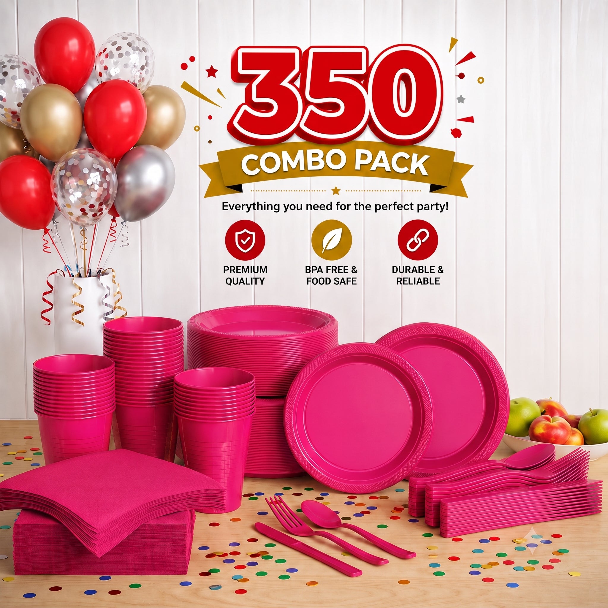 350 Pcs Cerise Plastic Disposable Tableware Set