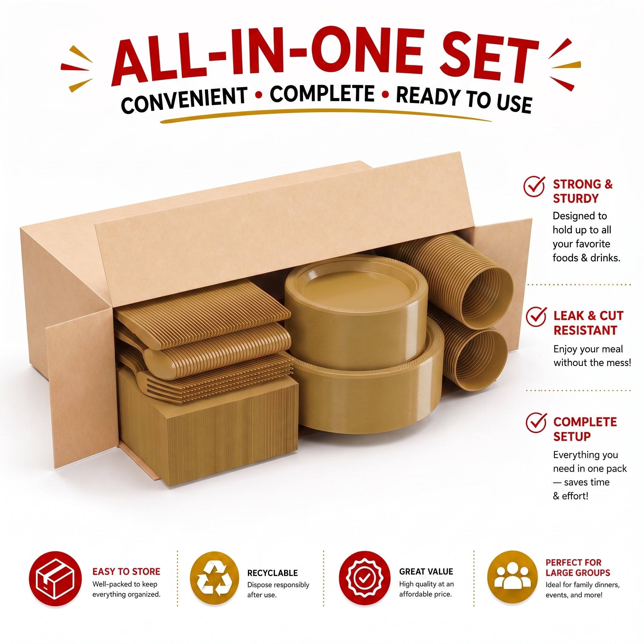 350 Pcs Gold Plastic Disposable Tableware Set