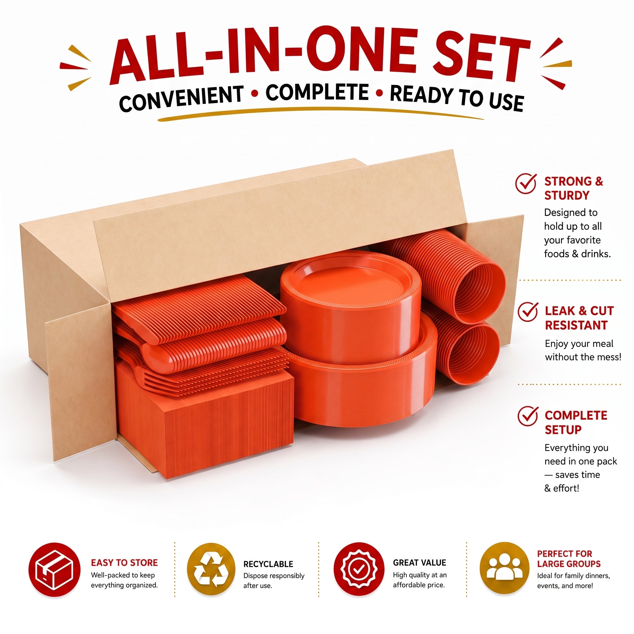 350 Pcs Orange Plastic Disposable Tableware Set