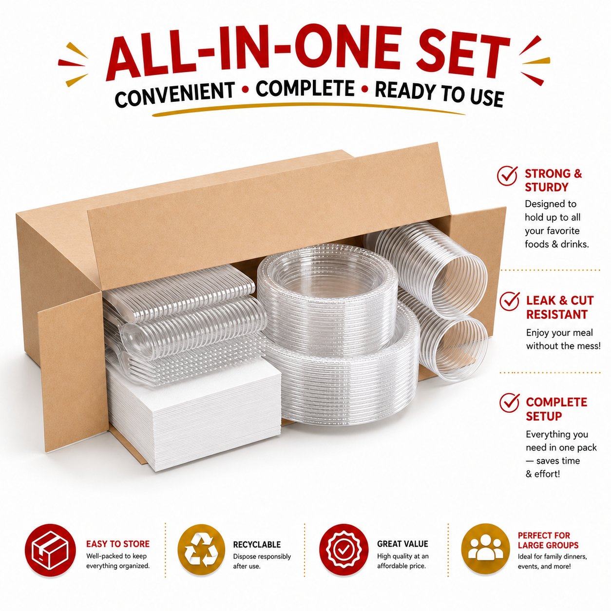 350 Pcs Clear Plastic Disposable Tableware Set