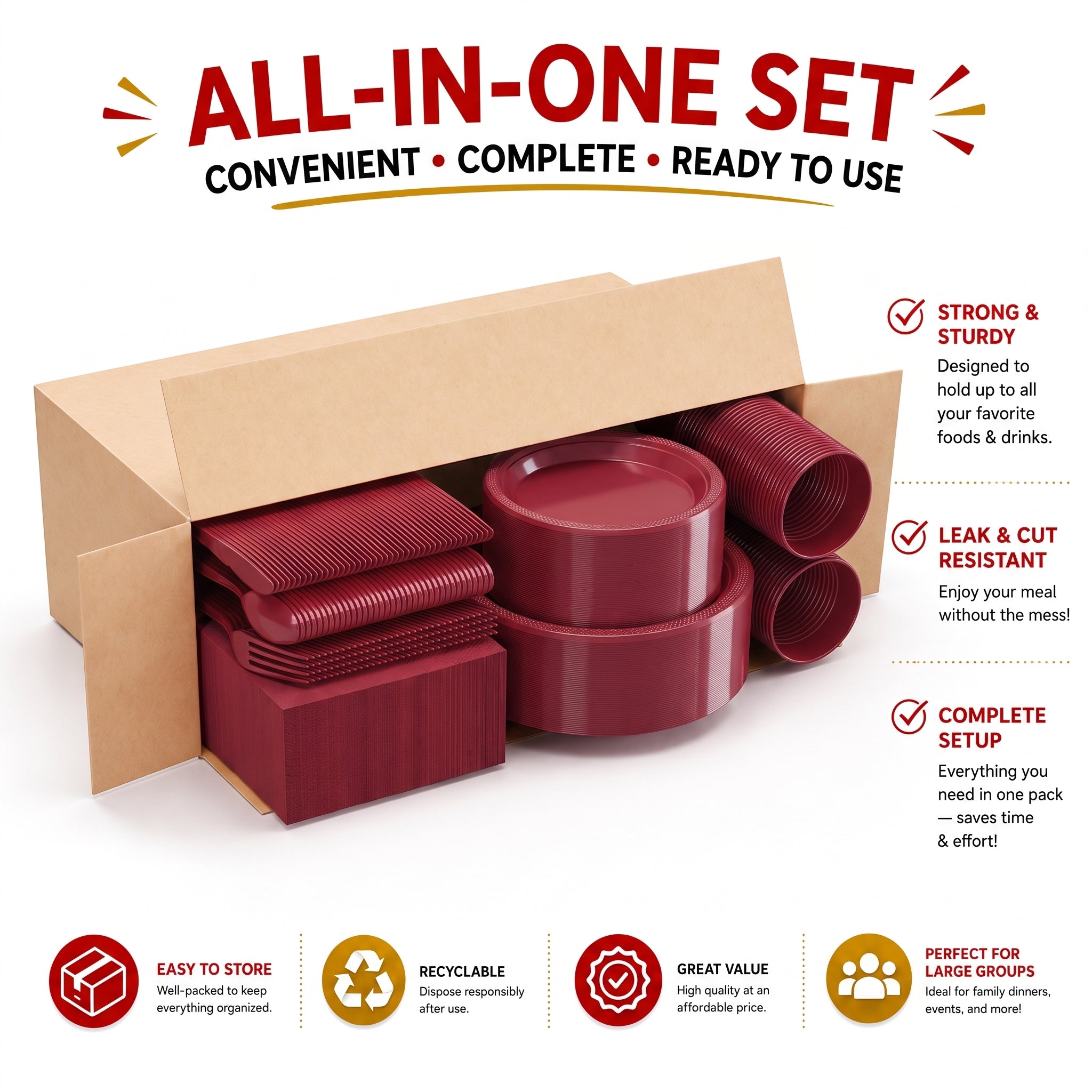 350 Piece Combo Set | Service For 50 | Burgundy