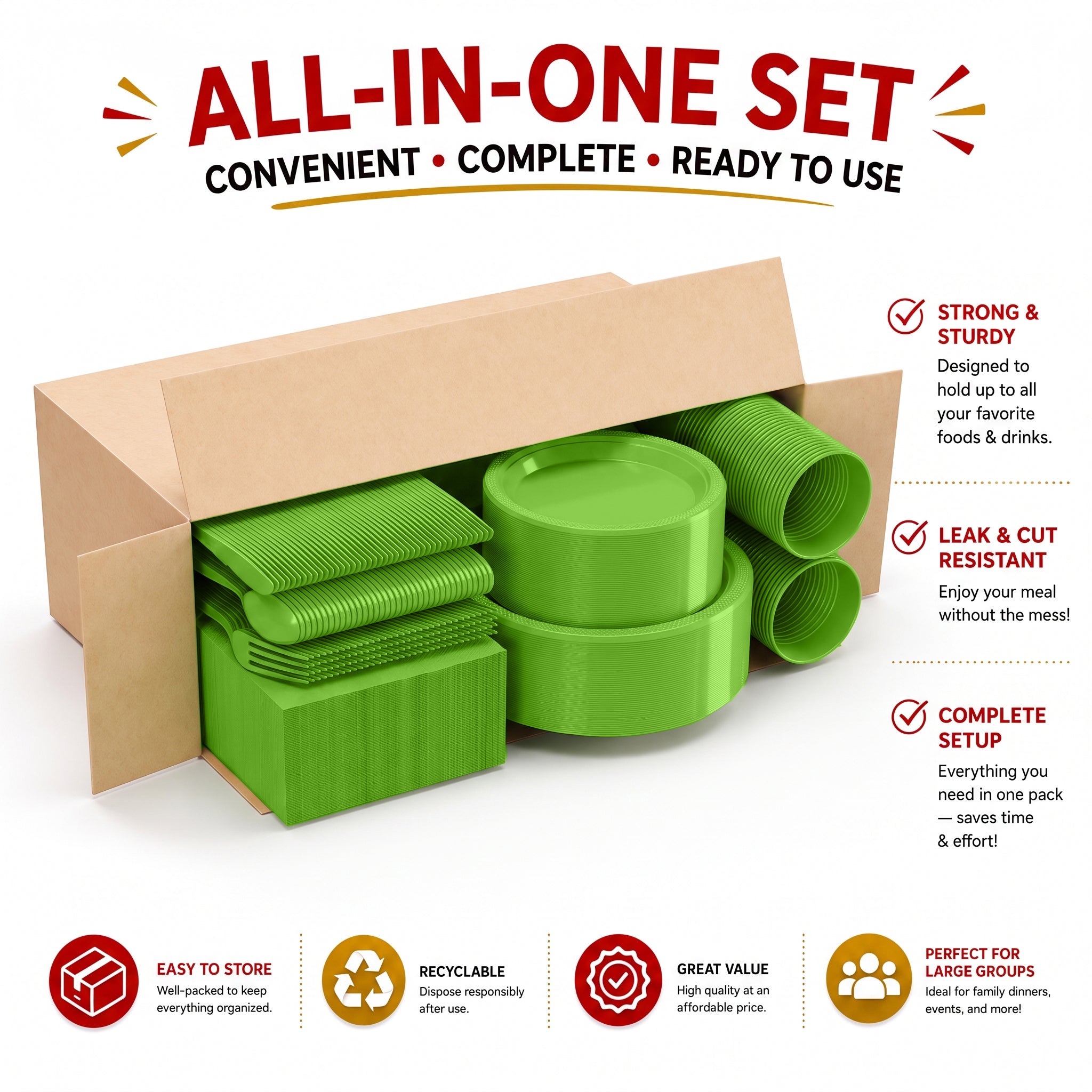 350 Pcs Lime Green Plastic Disposable Tableware Set