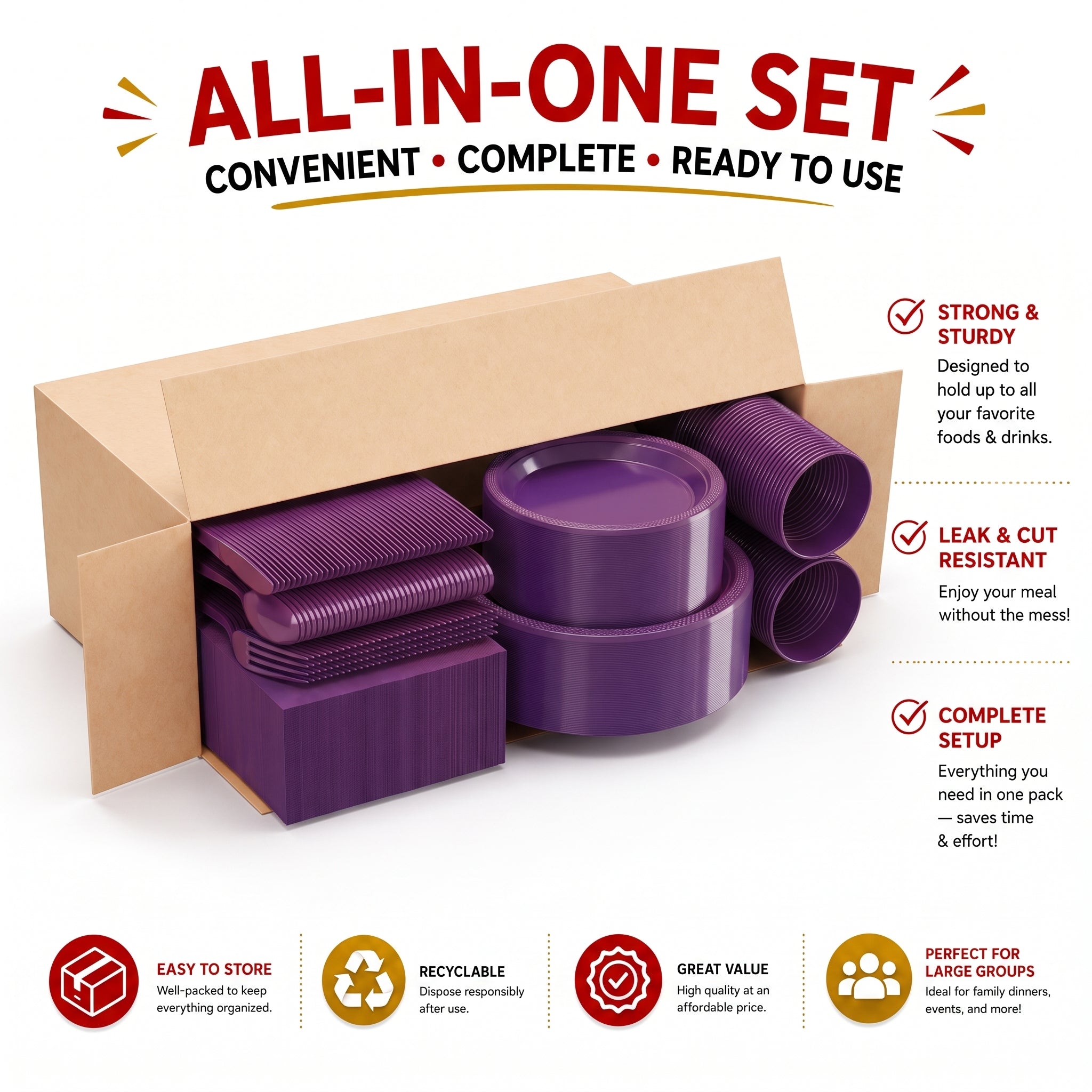 350 Pcs Purple Plastic Disposable Tableware Set