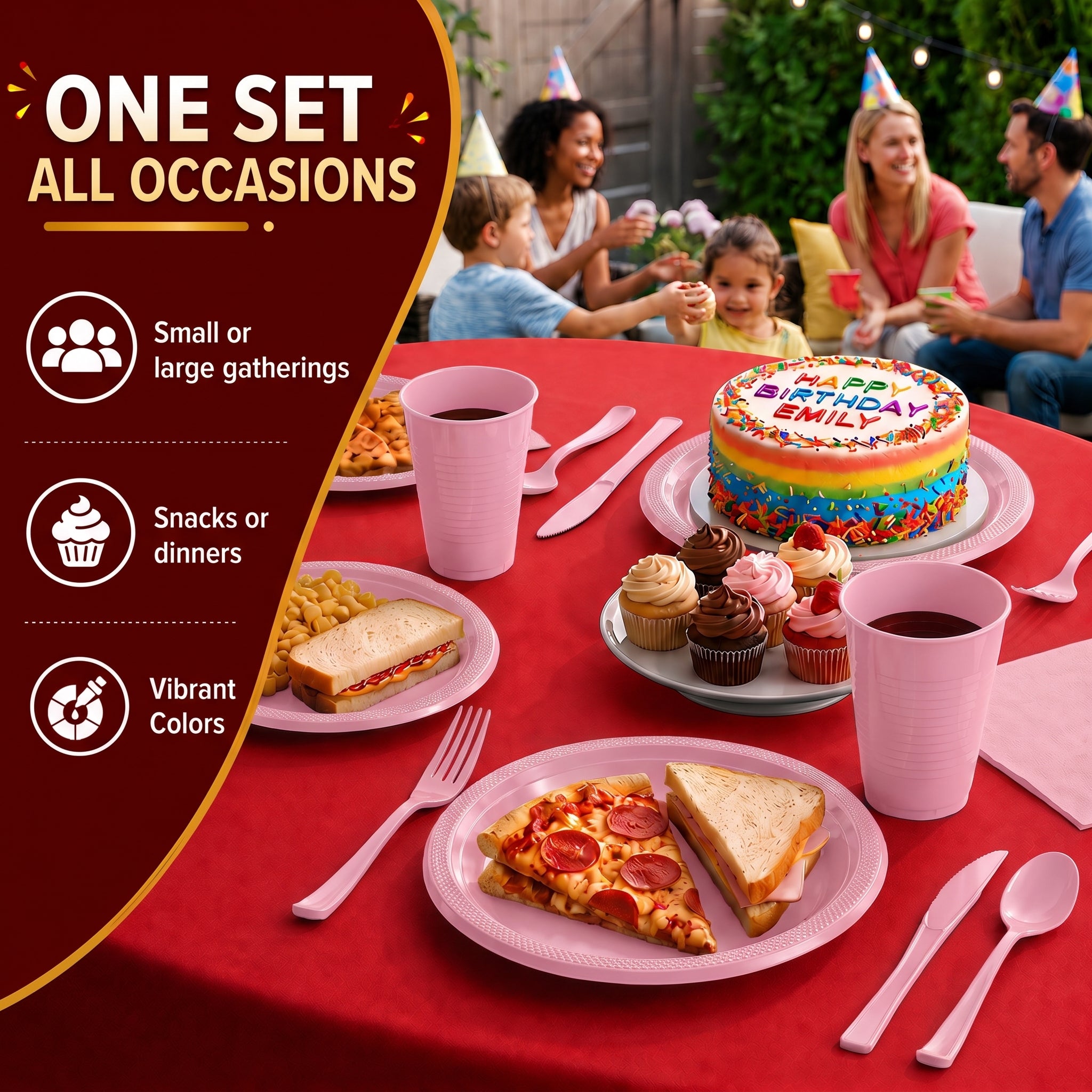 350 Pcs Pink Plastic Disposable Tableware Set