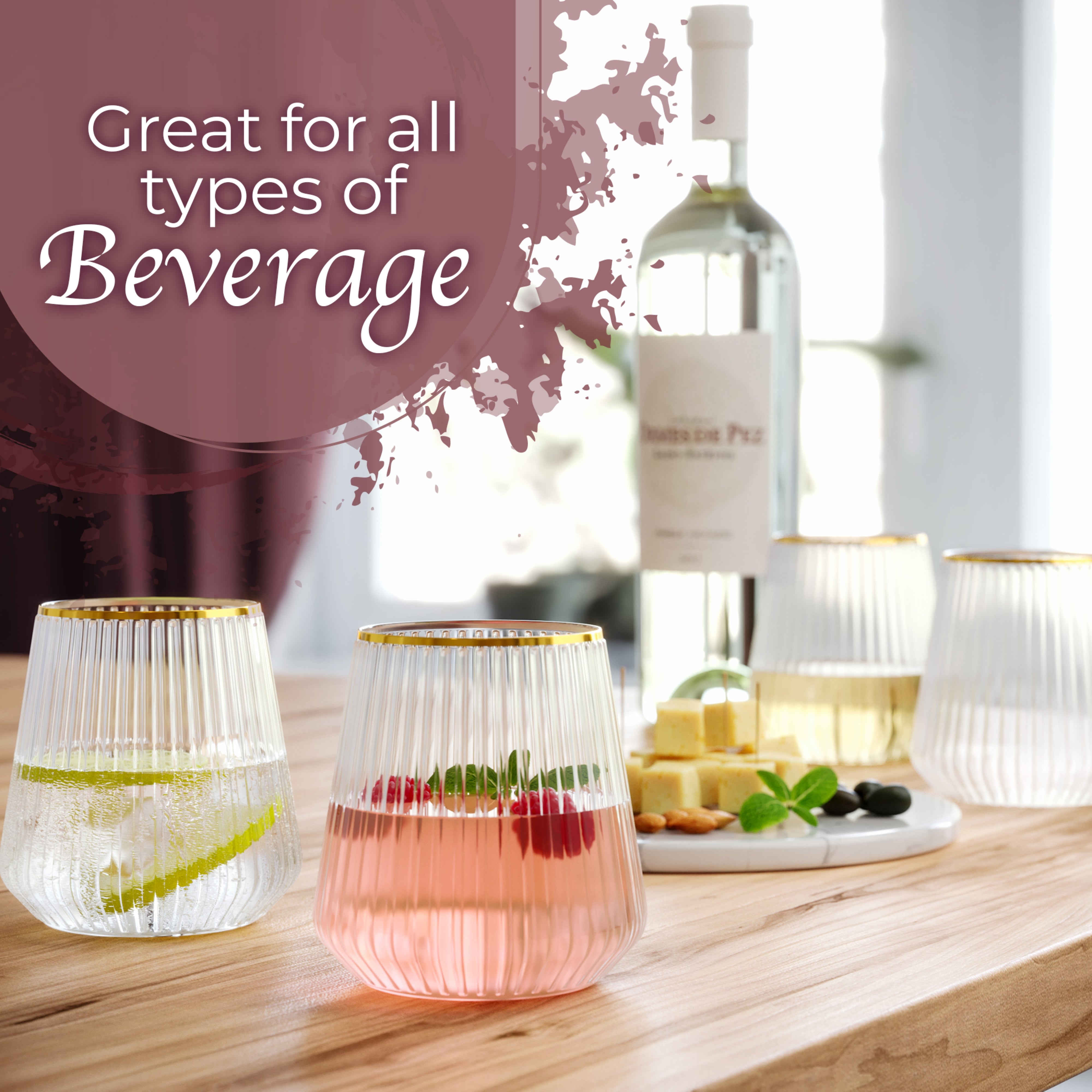 12 Oz. Stemless Ridged Wine Tumbler 24 Count | Clear/Gold